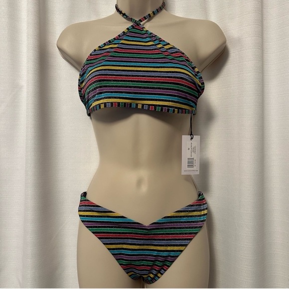 WEWOREWHAT Lurex Stripe High Neck Bikini Top and Delilah Bottoms Size M NWT - Picture 1 of 10